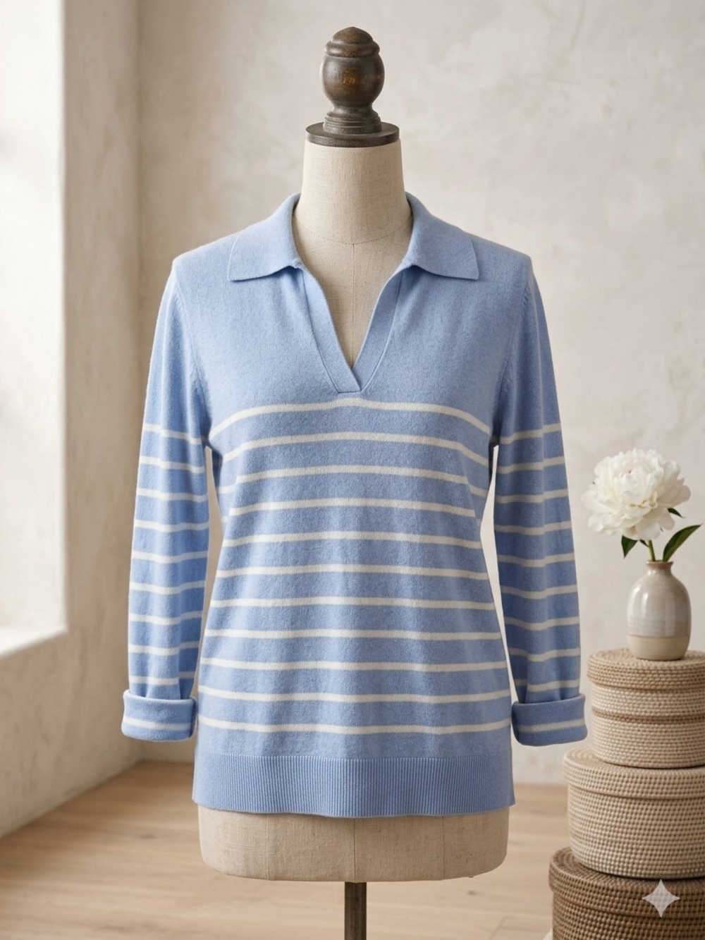 LOFT Light Blue & White Striped V-Neck Collared Sweater